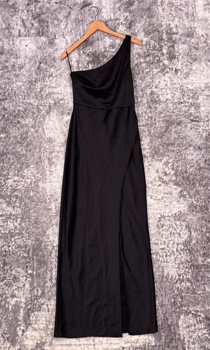 Anthropologie Dress 2 Womens BHLDN Black Satin One Shoulder Side Slit Gown